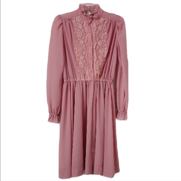 Vintage Dusty Rose Chiffon Lace Ruffle Dress - Picture 2 of 8